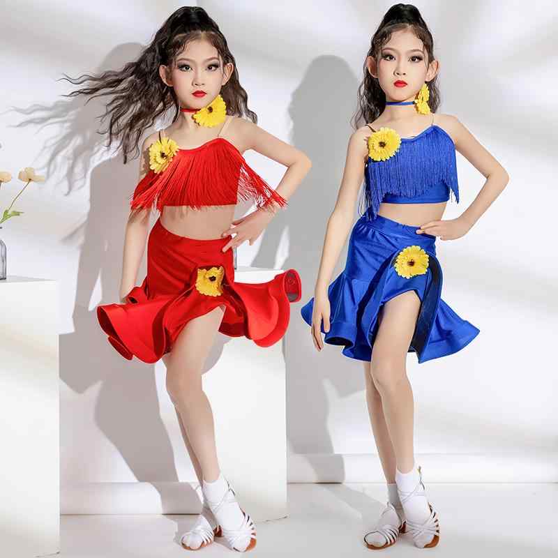 ラテン ダンス 衣装 キッズ 赤 青 花 上下セット スカート 首飾り パンツ付き 女の子 発表会 ステージ パフォーマンス セパレート 練習着 競技 通気性 ...