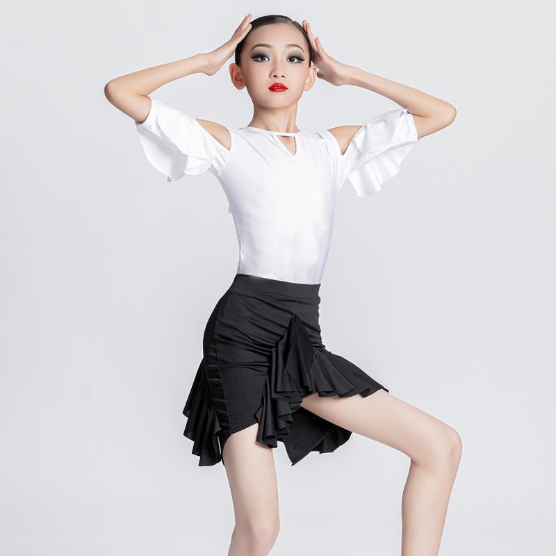 ラテン ダンス 衣装 キッズ 上下セット スカート 2WAY 女の子 発表会 ステージ パフォーマンス レオタード 練習着 おしゃれ 肩あき 黒 白 緑 伸縮性