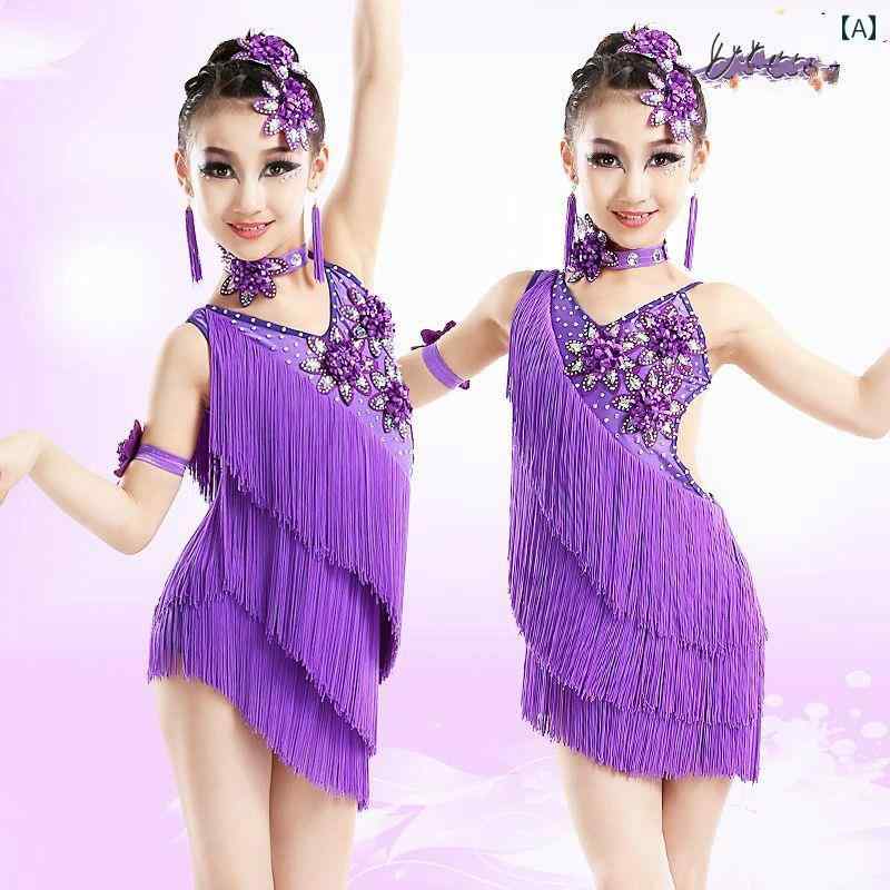 ラテン ダンス 衣装 フリンジ キラキラ 紫 赤 黄色 装飾 花 キッズ 女の子 発表会 ステージ パフォーマンス ワンピース 耳飾り Vネック