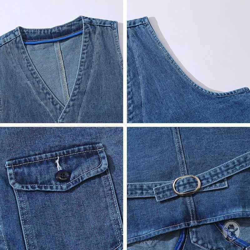 ベスト 夏 メンズ 薄手 袖なし デニム ジャケット Vネック ノーカラー 前開き ボタン ポケット バックストラップ 大きいサイズ ゆったり 作業服 シンプル 青