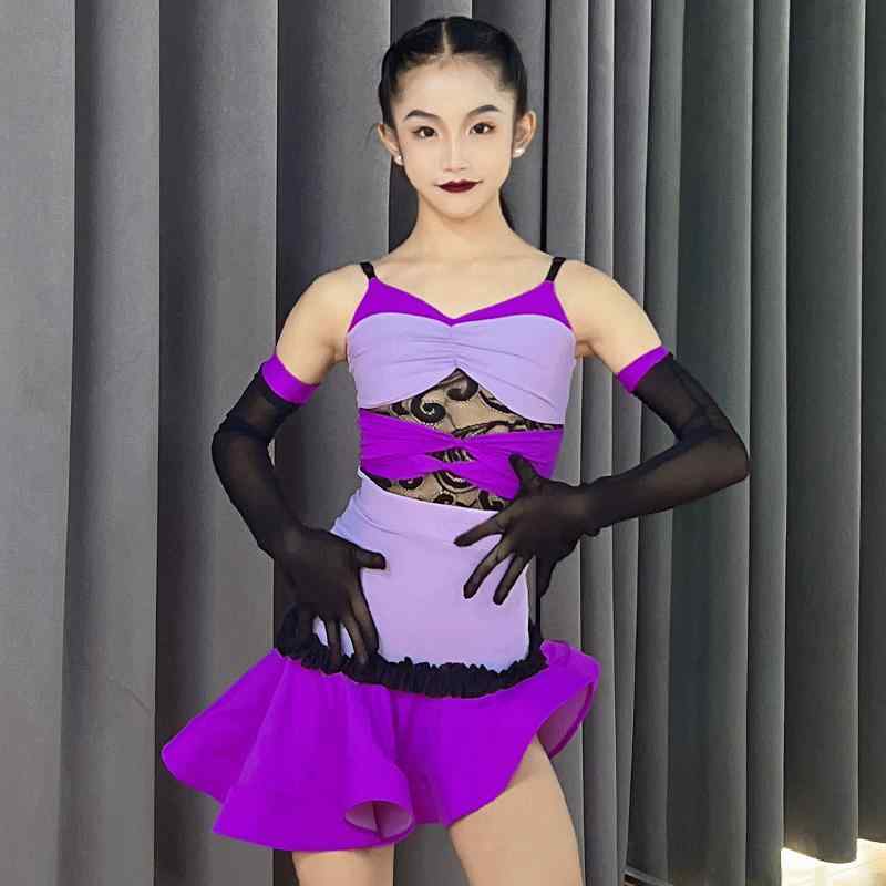 ラテン ダンス 衣装 春夏 子供 女の子ノースリーブ 裾フリル 競技着 練習服 ステージ発表 レース ミニ丈 ワンピース おしゃれ 大きいサイズ