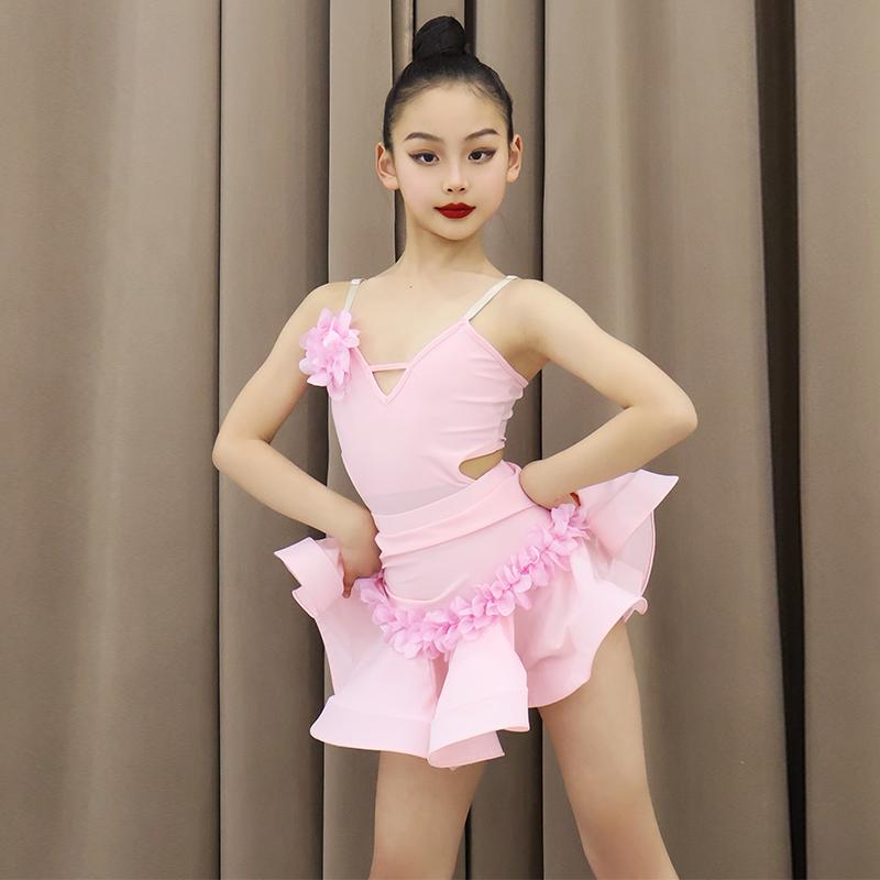 ラテン ダンス 衣装 セパレート 子供 女の子 競技着 練習服 ステージ発表 トップス スカート フリル ミニ丈 ノースリーブ レッスンウェア コスチューム 肌に優しい 通気性 吸汗性 柔らかい 快適 おしゃれ ピンク