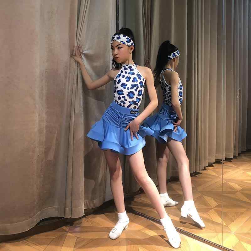 ラテン ダンス 衣装 子供 女の子 セパレート ホルターネック ノースリーブ トップス スカート 春夏 レッスンウェア コスチューム 競技着 練習服 ステージ発表 おしゃれ ヒョウ柄 青