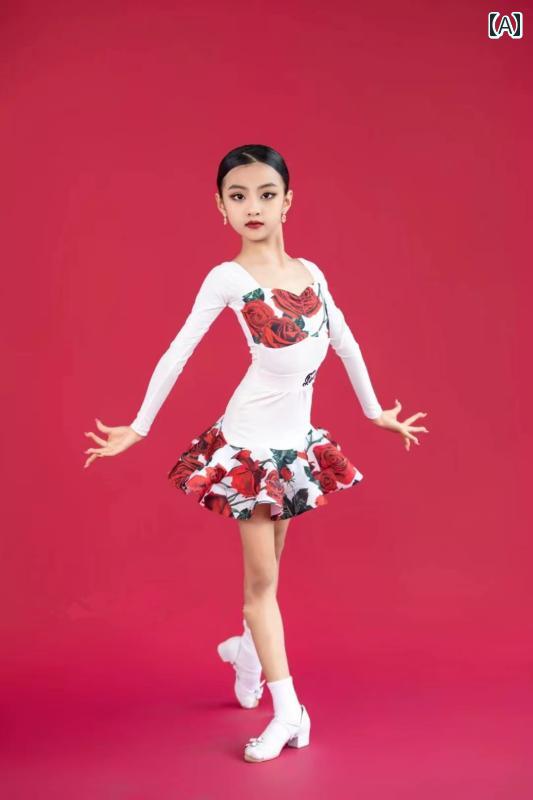 ラテン ダンス 衣装 子供 女の子 春夏 セパレート 長袖 トップス スカート セット フリル ミニ丈 花柄 エレガント レッスンウェア コスチューム 競技着 ...