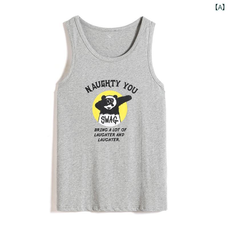 タンクトップ メンズ ノースリーブ 韓国 カジュアル ラウンドネック 通気性 柔らかい 肌に優しい 綿 プリント ビーチ レジャー アウトドア パンダ 大きいサイズ グレー ピンク