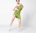 ラテン ダンス 衣装 キッズ パフォーマンス 演技 踊り 発表会 子供 キャミソール フリンジ レオタード ワンピース ブラック グリーン