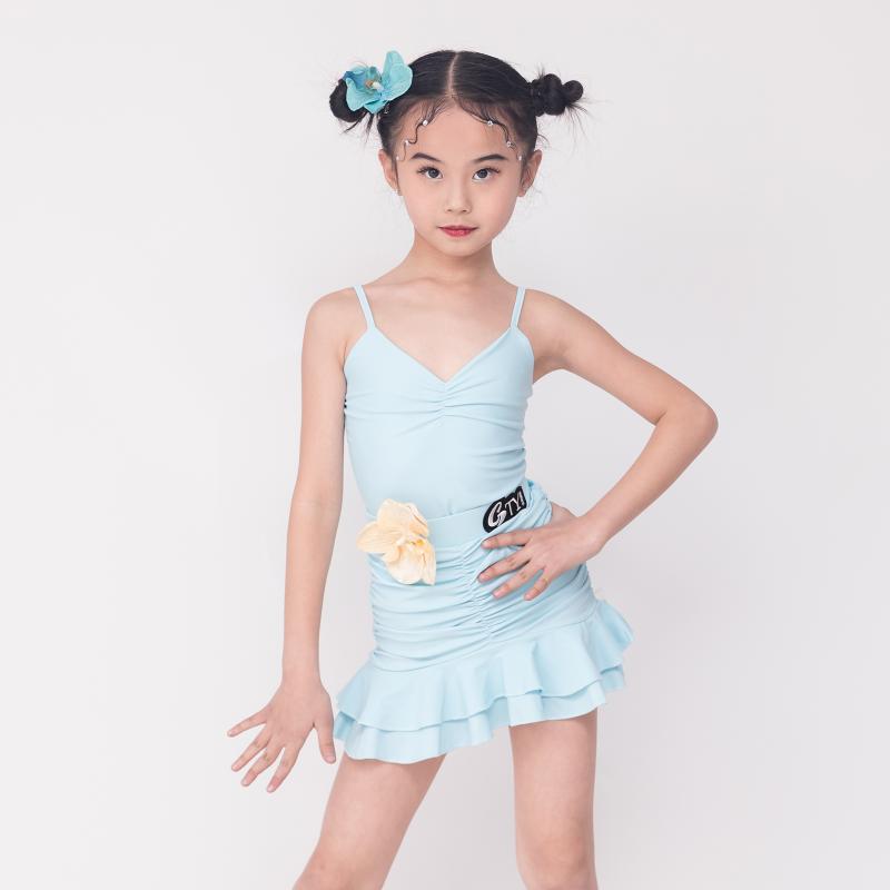 ラテン ダンス 衣装 キッズ パフォーマンス 演技 踊り 発表会 女の子 キャミソール レオタード スカート セット バック オープン ウエスト 花 シンプル ...
