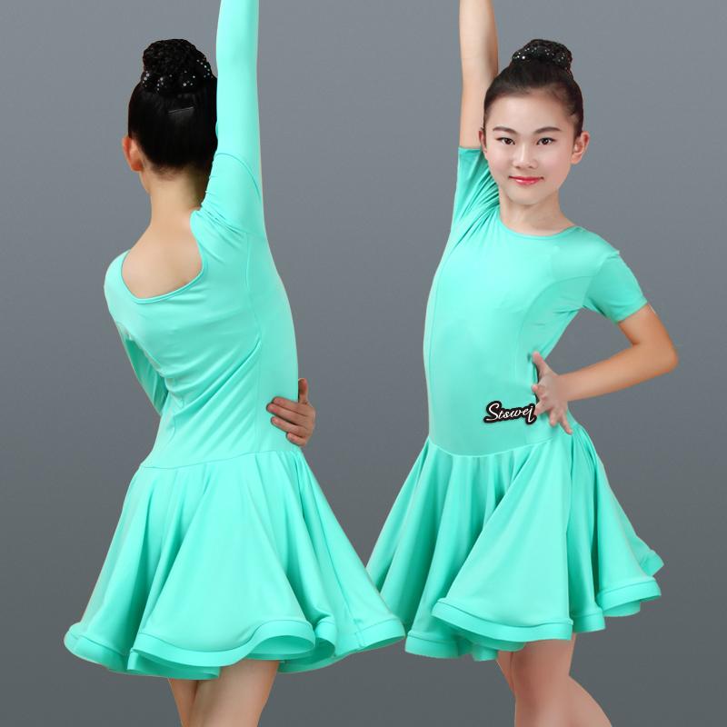 ラテン ダンス 衣装 キッズ パフォーマンス 演技 踊り 発表会 女の子 半袖 長袖 ラウンドネック ワンピース フレア スカート シンプル 無地 ピンク レッ...