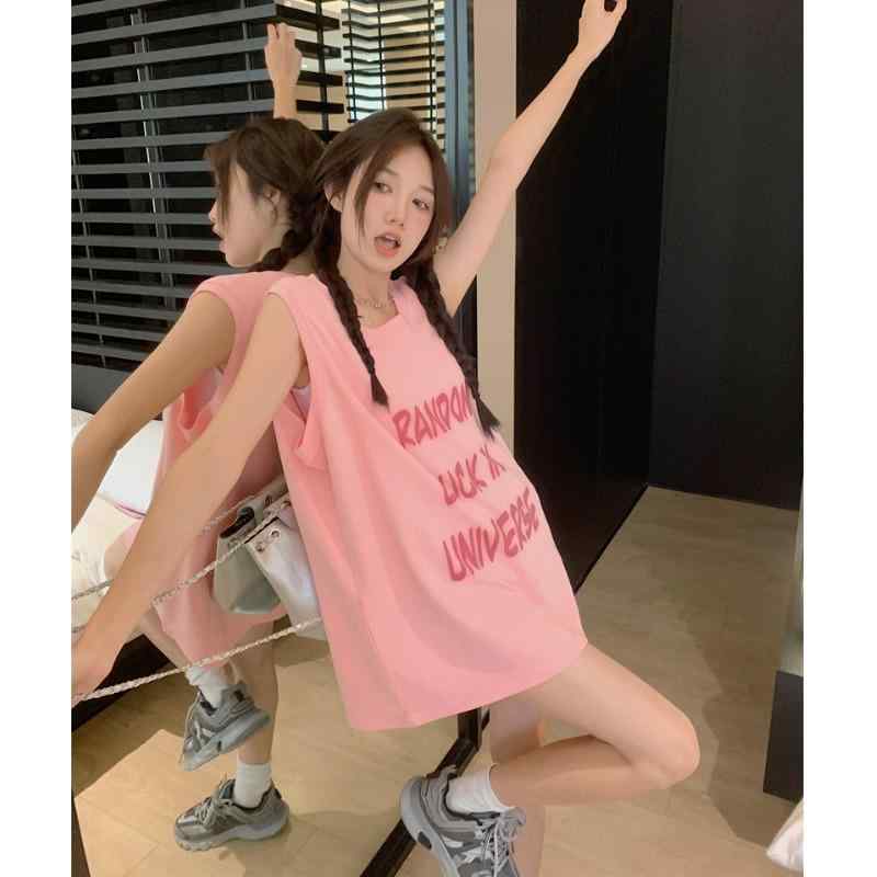 タンクトップ ロング丈 レディース ユニホーム風 夏 おしゃれ ノースリーブ 袖なし Tシャツ 長め