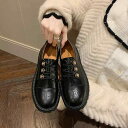 ローファー レディース 紐 春 秋 レトロ ゴールドバックル シューズ 刺繍 厚底 靴 ミドルヒール 黒 椿 牛革 おしゃれ ラウンドトゥ