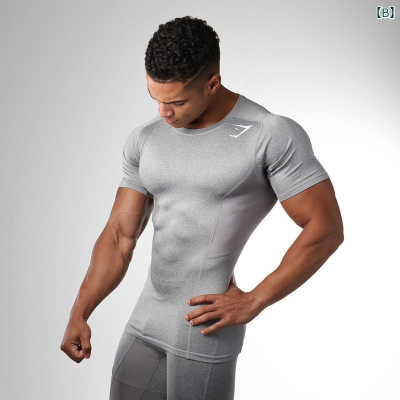 マッチョ tシャツ ラウンドネック 半袖 夏 メンズ トップス トレーニング フィットネス スポーツ 大きいサイズ 速乾 通気性 グレー 白 黒 ワンポイント