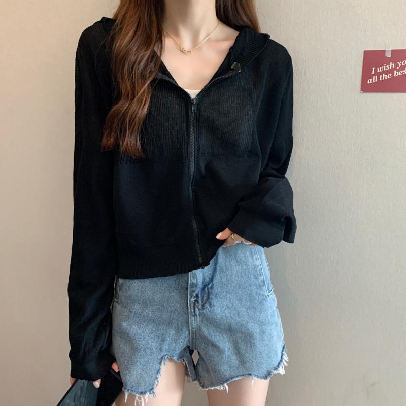 パーカー 夏 レディース 薄手 ショート ニットカーディガン 日焼け防止 服 女性 屋外 通気性 ルーズ 長袖 普段使い フード ジップアップ ポケット 白 青 ピンク