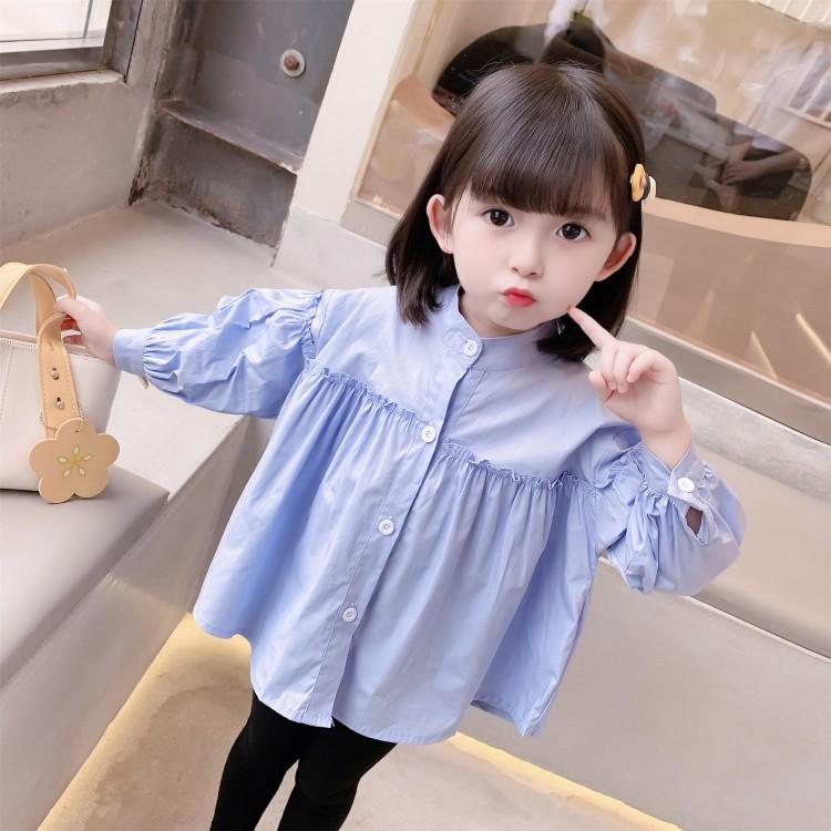 シャツ キッズ 女の子 春秋 韓国 子供服 ブラウス 綿 長袖 トップス カジュアル 吸汗性 フリル かわいい お出かけ レジャー シンプル 青