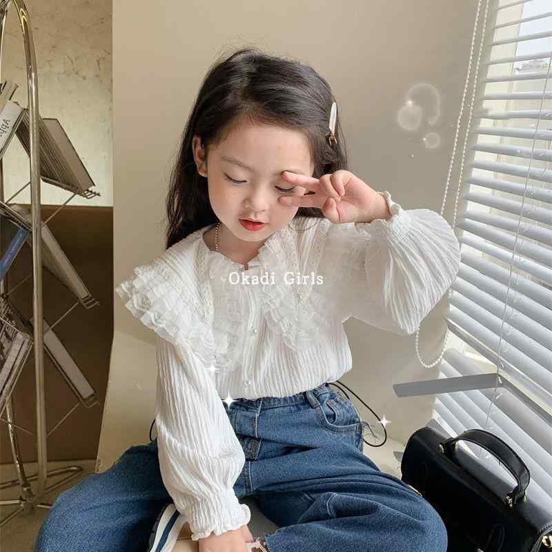 ブラウス 女の子 子供服 春秋 キッズ 長袖 韓国 二重襟 レース フリル トップス シャツ 綿 上品 エレガ..
