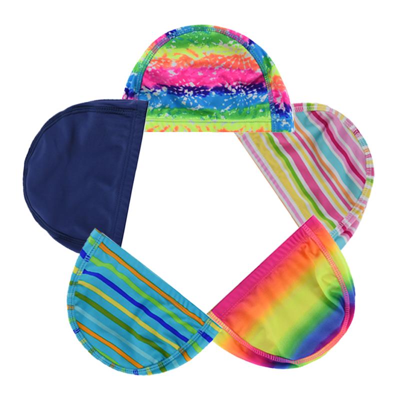スイムキャップ キッズ おしゃれ 韓国 男の子 女の子 小学生 布 ロングヘア シンプル 無地 カラフル ストライプ 黒 青 レインボー