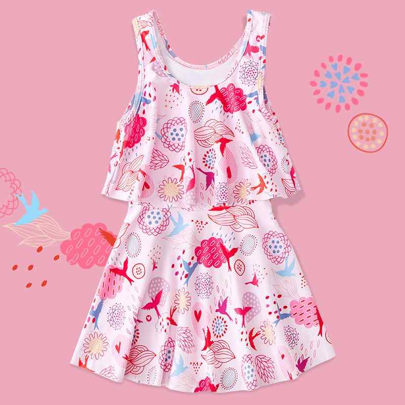 水着 ワンピース キッズ 女の子 ノースリーブ スカート チャイナ風 花柄 水泳帽 ゴーグル 収納袋 アー..