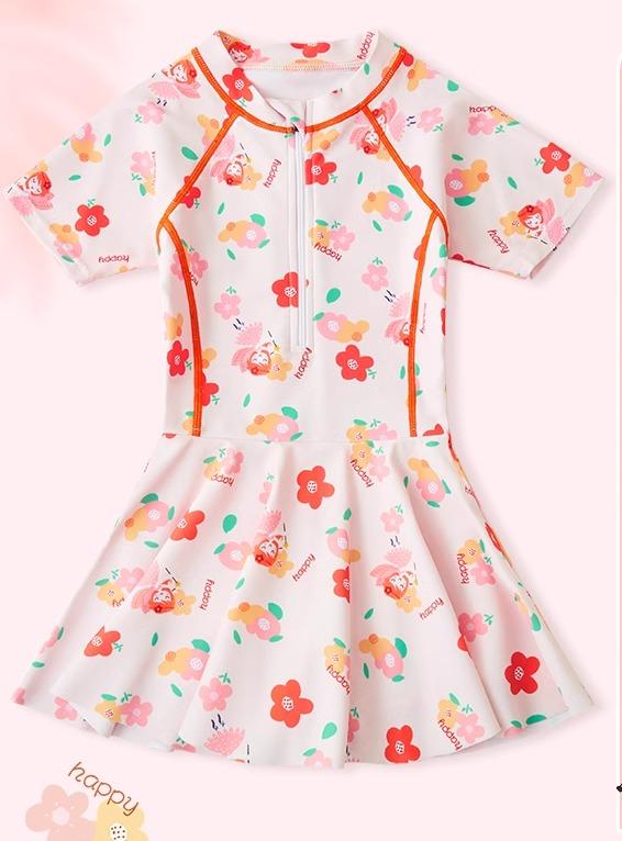 水着 ワンピース キッズ 女の子 半袖 ハーフジップ 体型カバー 日焼け防止 かわいい 花柄 プール 海 ゴ..