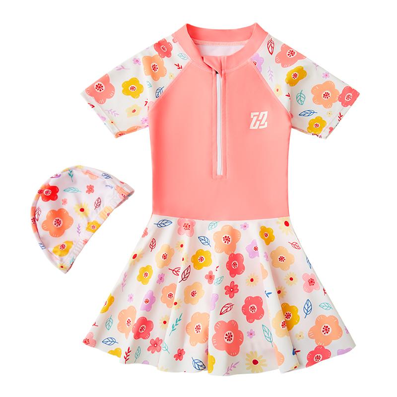 水着 ワンピース キッズ 女の子 花柄 オレンジ 紫 かわいい プール 海 体型カバー 日焼け防止 半袖 水..