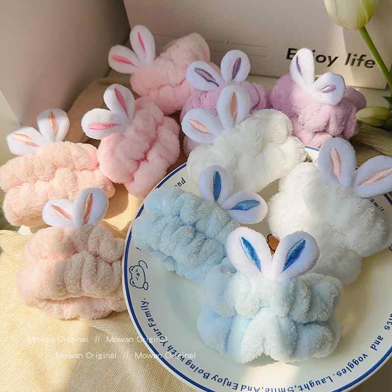 洗顔 リストバンド かわいい うさぎ 耳 手洗い 防湿 スリーブ 保護 便利 ブレスレット ヘアアクセサリー 韓国 レディース 白 紫 青