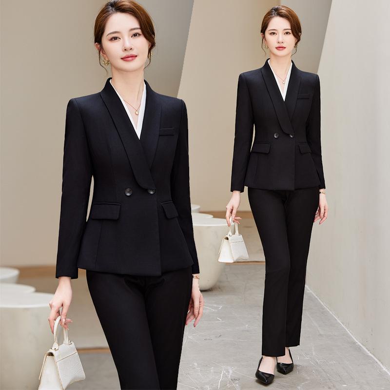 セットアップ レディース 秋冬 通勤 接客 事務服 パンツスーツ ジャケット スラックス ビジネス 仕事着 オフィス フォーマル 上品 きれいめ 高級感 長ズボン 長袖 ポリエステル ポリウレタン ブラック ブルー