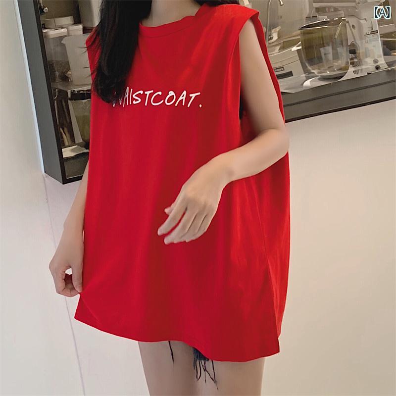 レディース タンクトップ 長め おしゃれ 夏 韓国 ルーズ 丈長め 大きいサイズ ノースリーブ Tシャツ ワ..