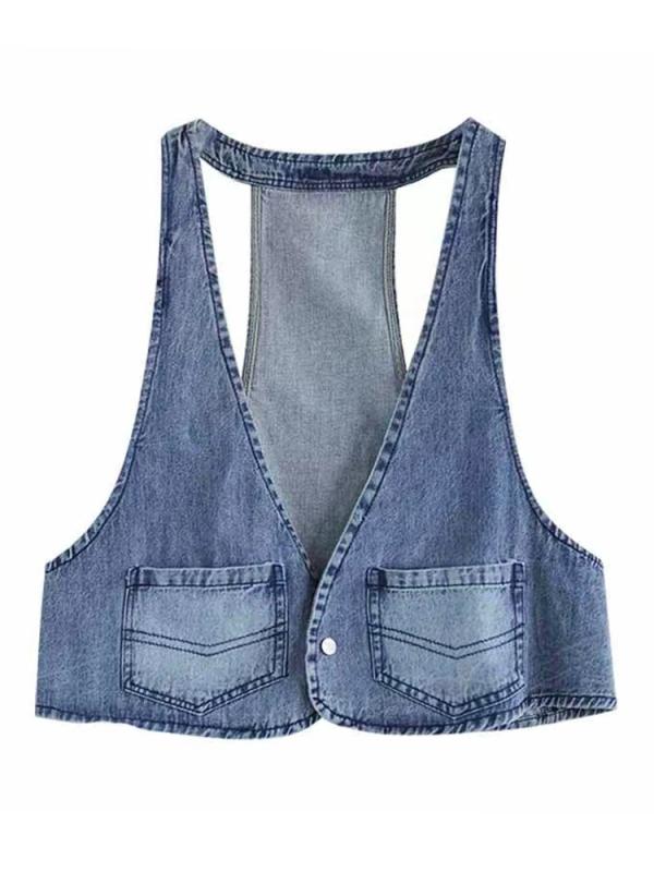 ベスト レディース デニム 夏 カジュアル ルーズ ヴィンテージ風 ノーカラー ノースリーブ 大きいサイズ シンプル ポケット ゆったり 青 黒