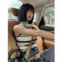 ハイネック ノースリーブ レディース おしゃれ Tシャツ 夏 韓国 スリム フィット ショート 丈 ボーダー 柄 ウール 生地 トップス(4)