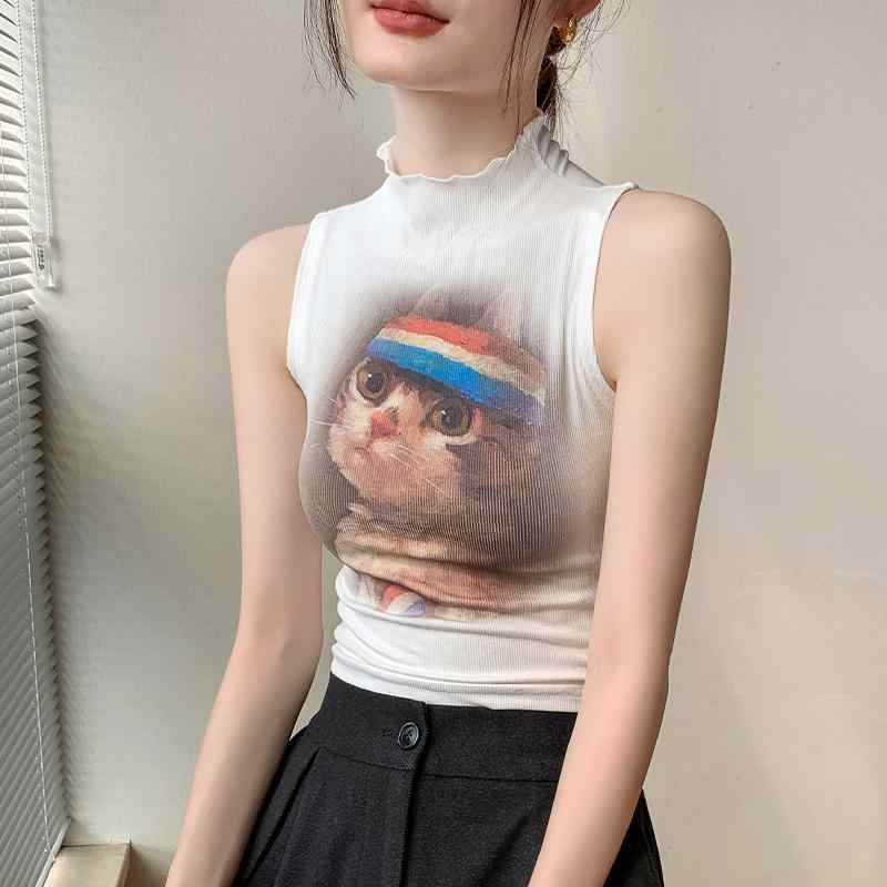 Rakuten - ハイネック ノースリーブ レディース おしゃれ 女性用 アメリカン Tシャツ ネコ アニマル プリント レトロ スリムフィット ホワイト ブラック カーキ