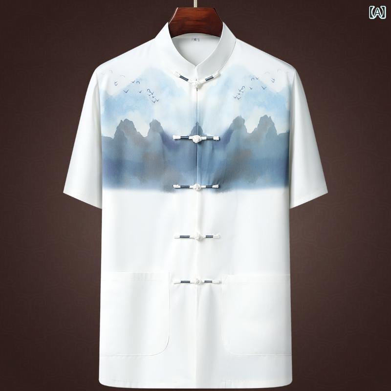 チャイナ風 シャツ メンズ 夏 普段着 レトロ スタンドカラーピンク 白 黒 ズボン 半袖 プリント カジュアル 上下セット ウエストゴム ポケット