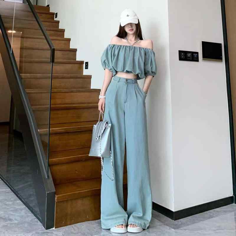 セットアップ デニム レディース 韓国 ホルターネック オフショルダー トップス 半袖 ワイドレッグ ロングパンツ ゆったり 夏 大人 カジュアル おしゃれ 青