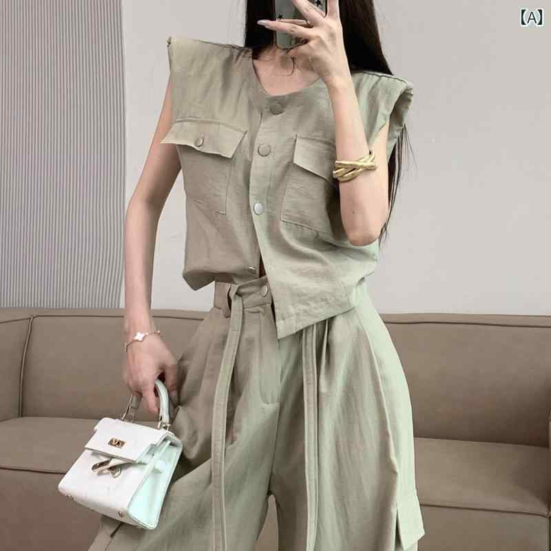 セットアップ レディース ノースリーブ シングルブレスト ボタン ラウンドネック プルオーバー トップス ポケット 夏 ハイウエスト ストレート ワイド ロング 大人 カジュアル 黒