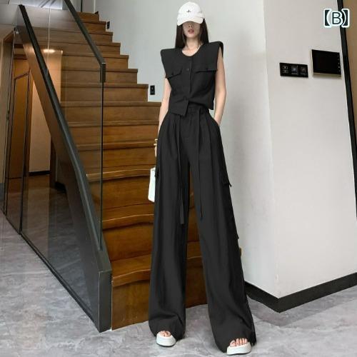 セットアップ レディース ノースリーブ シングルブレスト ボタン ラウンドネック プルオーバー トップス ポケット 夏 ハイウエスト ストレート ワイド ロング 大人 カジュアル 黒