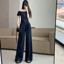 セットアップ デニム レディース シングルブレスト ボタン 夏 薄手 オフショルダー トップス 半袖 ワイドレッグ ロングパンツ 大人 カジュアル おしゃれ 青