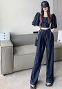 セットアップ デニム レディース クロップド スクエアネック シングルブレスト ボタン トップス パフスリーブ ロングパンツ 夏 大人 カジュアル おしゃれ 青