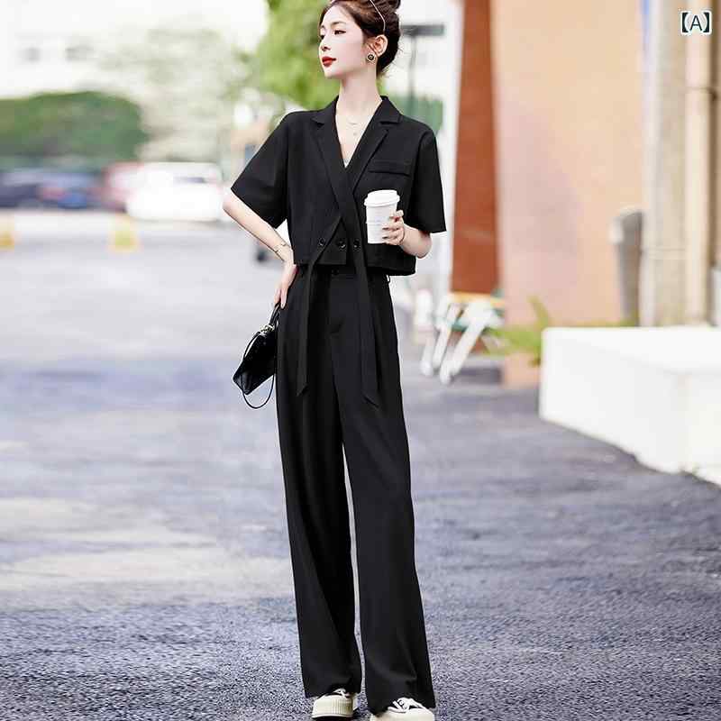 セットアップ レディース 半袖 Vネック ボタン 襟 夏 ポケット スリム ワイドレッグ ロングパンツ 大きいサイズ ゆったり 黒 カーキ 大人 カジュアル おしゃれ