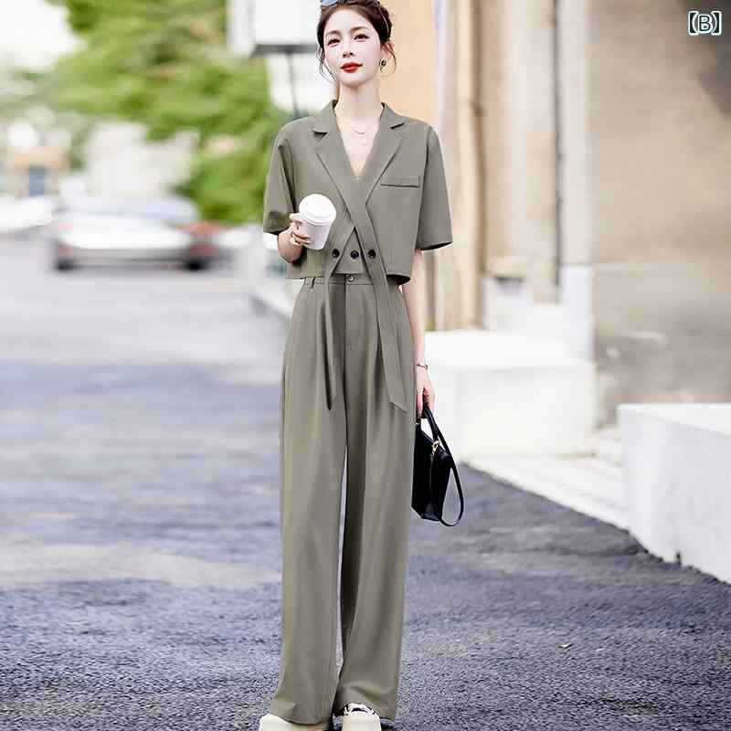 セットアップ レディース 半袖 Vネック ボタン 襟 夏 ポケット スリム ワイドレッグ ロングパンツ 大きいサイズ ゆったり 黒 カーキ 大人 カジュアル おしゃれ