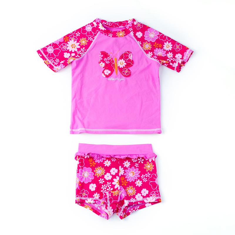 水着 女の子 セパレート キッズ プール ビーチ スイムウェア 海辺 半袖 ラウンドネック パンツ フリル 赤 花柄 蝶 刺繡 かわいい