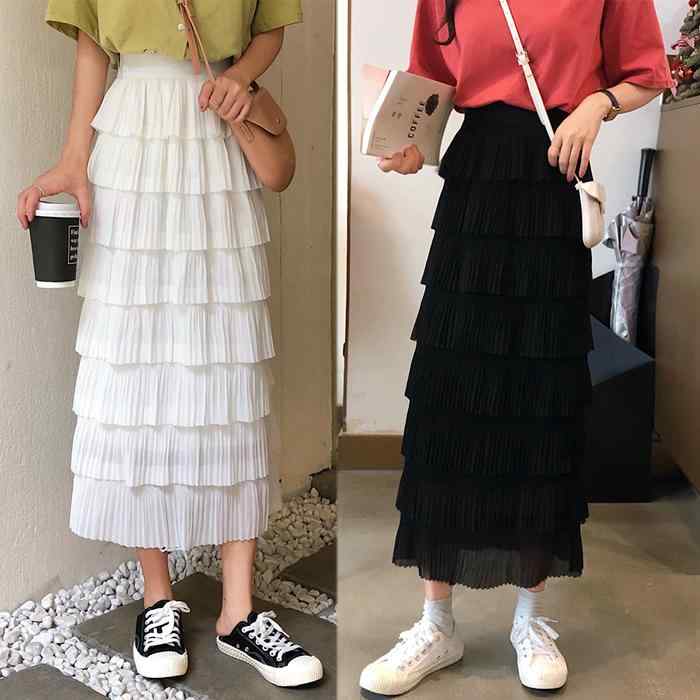 シフォン スカート チュール レディース かわいい 透け感 春夏 プリーツ ティアード ハイウエスト ロング 丈 アプリコット 白 黒