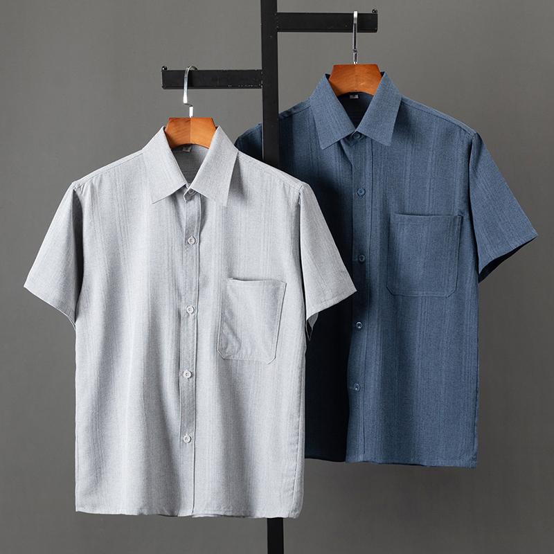 シャツ メンズ 半袖 春夏 シニア カジュアル ポケット ボタン 襟付き 綿 60代 ゆったり ストライプ シンプル 薄手 青 グレー