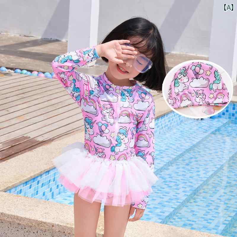女の子 水着 長袖 子供 キッズ プール 海 温泉 水泳 スイミングウェア 日焼け防止 赤ちゃん かわいい ワンピース レース スカート 快適 ジッパー 着脱簡単 耐久 セット ユニコーン 人魚 白鳥 ピンク