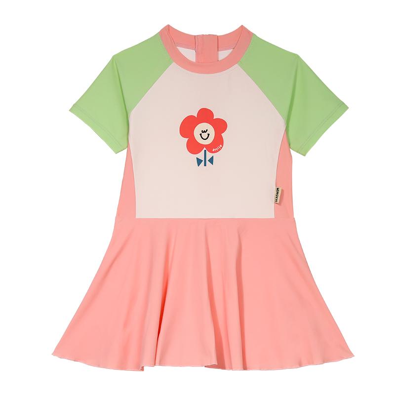 キッズ 水着 女の子 ワンピース 半袖 スカート フレア キャップ 帽子 ベビー 幼児 小学生 水泳 プール 海水浴 通気性 速乾 伸縮 脱着簡単 ジップアップ ラウンドネック かわいい プリンセス ワンポイント 花