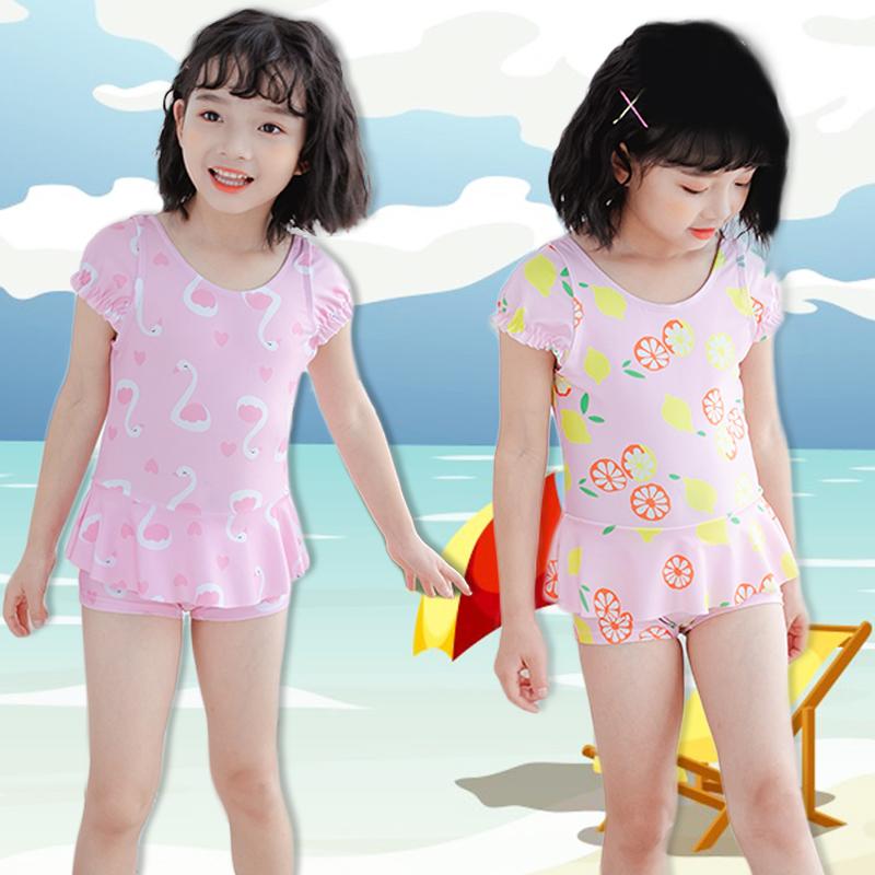 キッズ 水着 女の子 ワンピース 半袖 スカート キャップ 帽子 ゴーグル アームリング ベビー 幼児 小学生 水泳 プール 海水浴 快適 通気性 ラウンドネック パフスリーブ かわいい プリンセス 柄物 白鳥 ハート レモン ピンク