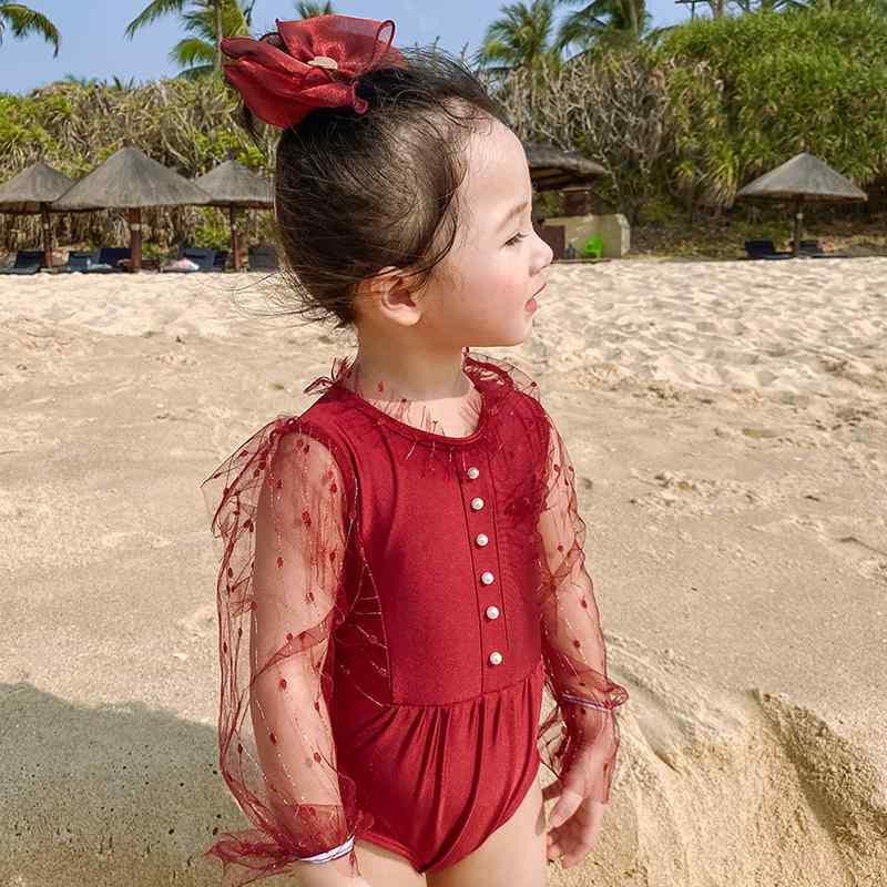 女の子 水着 長袖 子供 キッズ プール 海 温泉 水泳 スイミングウェア 日焼け防止 赤ちゃん ワンピース かわいい レース 速乾 快適 柔らかい 通気性 背中開き シースルー 赤 白