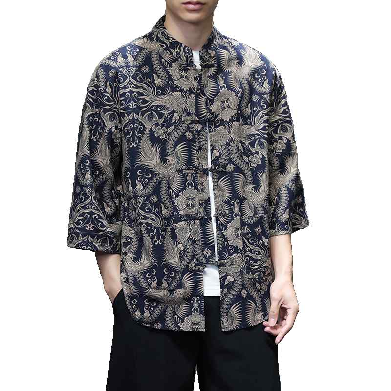 チャイナ風 リネン シャツ メンズ 夏 七分袖 大きいサイズ ゆったり スタンドカラー ボタン レトロ 青 赤 カーキ 総柄 大人 おしゃれ