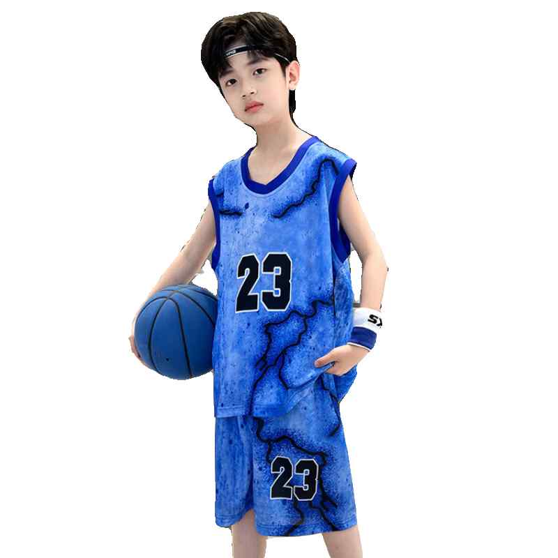 バスケ セットアップ キッズ ジュニア 夏 男の子 薄手 通気性 ノースリーブ ユニフォーム ハーフパンツ パフォーマンス トレーニング スポーツ ウエア プリント シンプル スポーティ 青 数字
