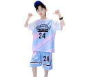 バスケ セットアップ キッズ ジュニア 夏 男の子 ユニフォーム 重ね着風 半袖 速乾性 ハーフパンツ パフォーマンス トレーニング スポーツ ウエア プリント シンプル スポーティ 青 ピンク 英字 数字