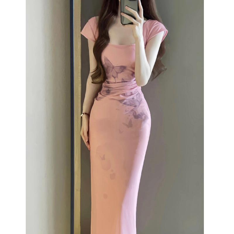 きれいめ タイト ワンピース レディース セクシー 夏 ヴィンテージ 風 スリムフィット 半袖 U字ネック バタフライ プリント ピンク