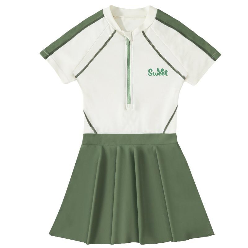 キッズ 水着 女の子 ワンピース 半袖 スカート フレア 小学生 中学生 大人 水泳 プール 海水浴 快適 通気性 柔らかい 脱着簡単 ジップアップ ラウンドネック ウエストゴム かわいい ピンク 大きいサイズ