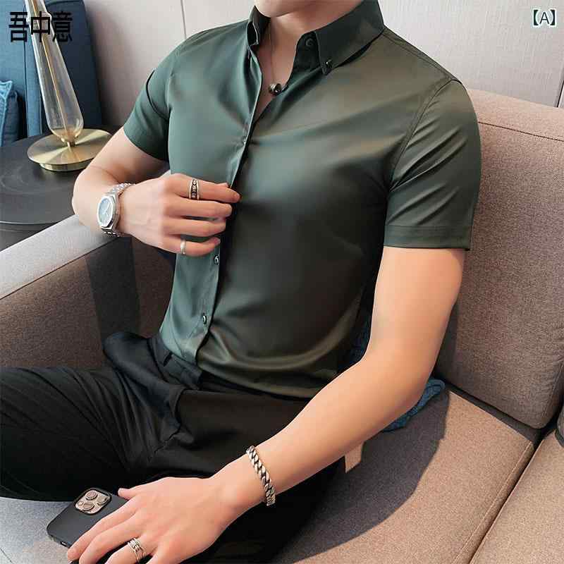 生地の分類: ポリエステル繊維襟のタイプ: ボタンカラー.ポインテッドカラー適用季節：夏袖丈:半袖厚さ: 薄手フィット感: スリムフィット素材構成：ポリエステル繊維95 ポリウレタン弾性繊維(スパンデックス)5