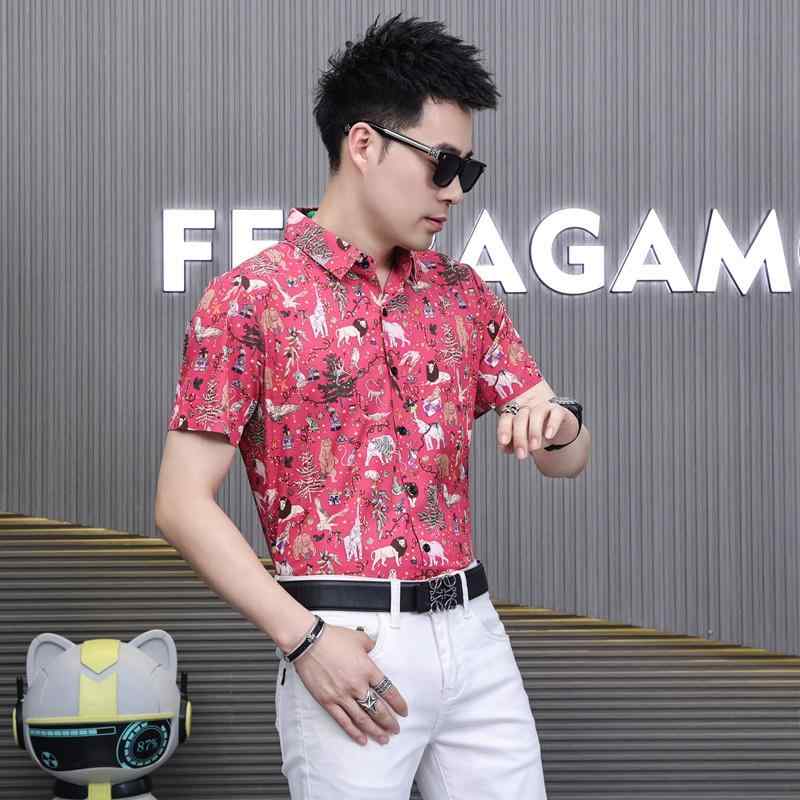 Casual Shirts - シャツ メンズ 半袖 夏 おしゃれ 綿 ポインテッドカラー スリム フィット 薄手 カジュアル プリント アニマル 赤 緑 大きいサイズ 総柄